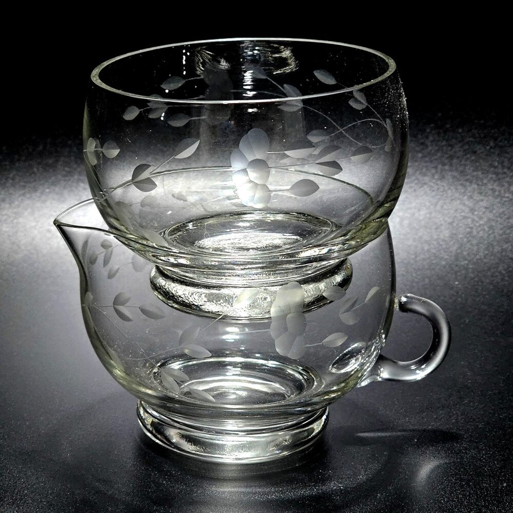 Princess House Heritage Stackable Creamer Sugar 8oz floral etched crystal 2pc